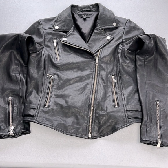 DSTLD Leather Biker Jacket Black with Silver Hardware Straps Moto Short Coat S - Picture 10 of 14